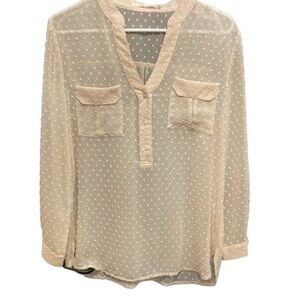 ELLISON Cream Sheer French Dot Longsleeve Pullover Button‎ Top Size Medium